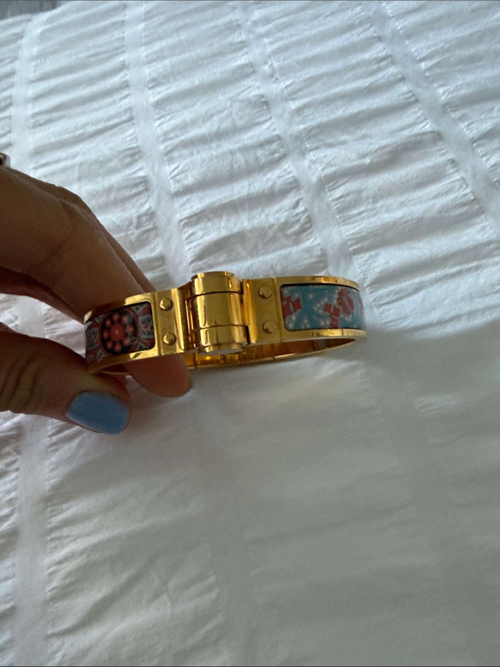Hermes Gold Clic Clac Bracelet with Blue and Pink Enamel